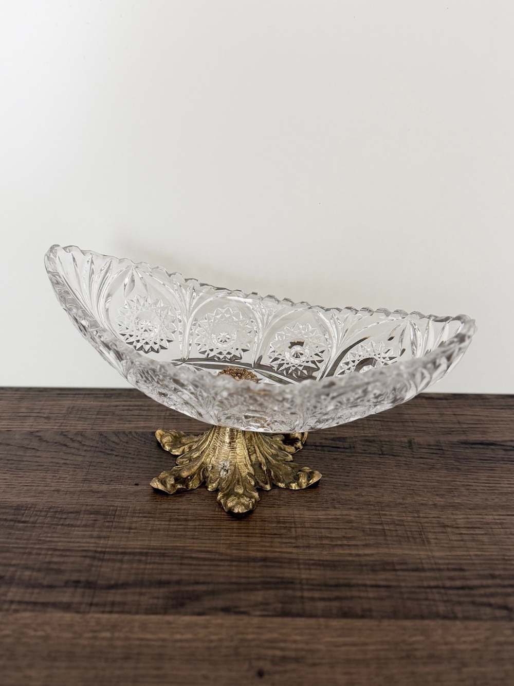 Vtg Lead Crystal Oval Cut Glass Metal Base Centerpiece Bowl Hollywood Regency